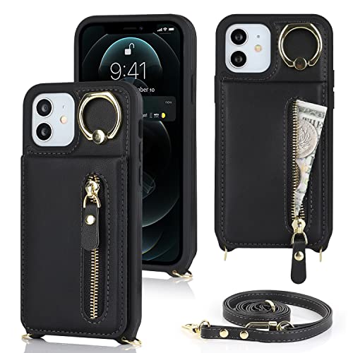 iCoverCase スマホケース 適用 アイフォン12mini ケース アイフォン 用 ショルダー ストラップ 背面フリップ 手帳型 上下開 アップル 12ミニ 適用 case リング カード収納 スタント 肩がけ 首掛け 斜め掛け ファスナー ストラップ付き ショルダーケース カード入れ カバー ブラック