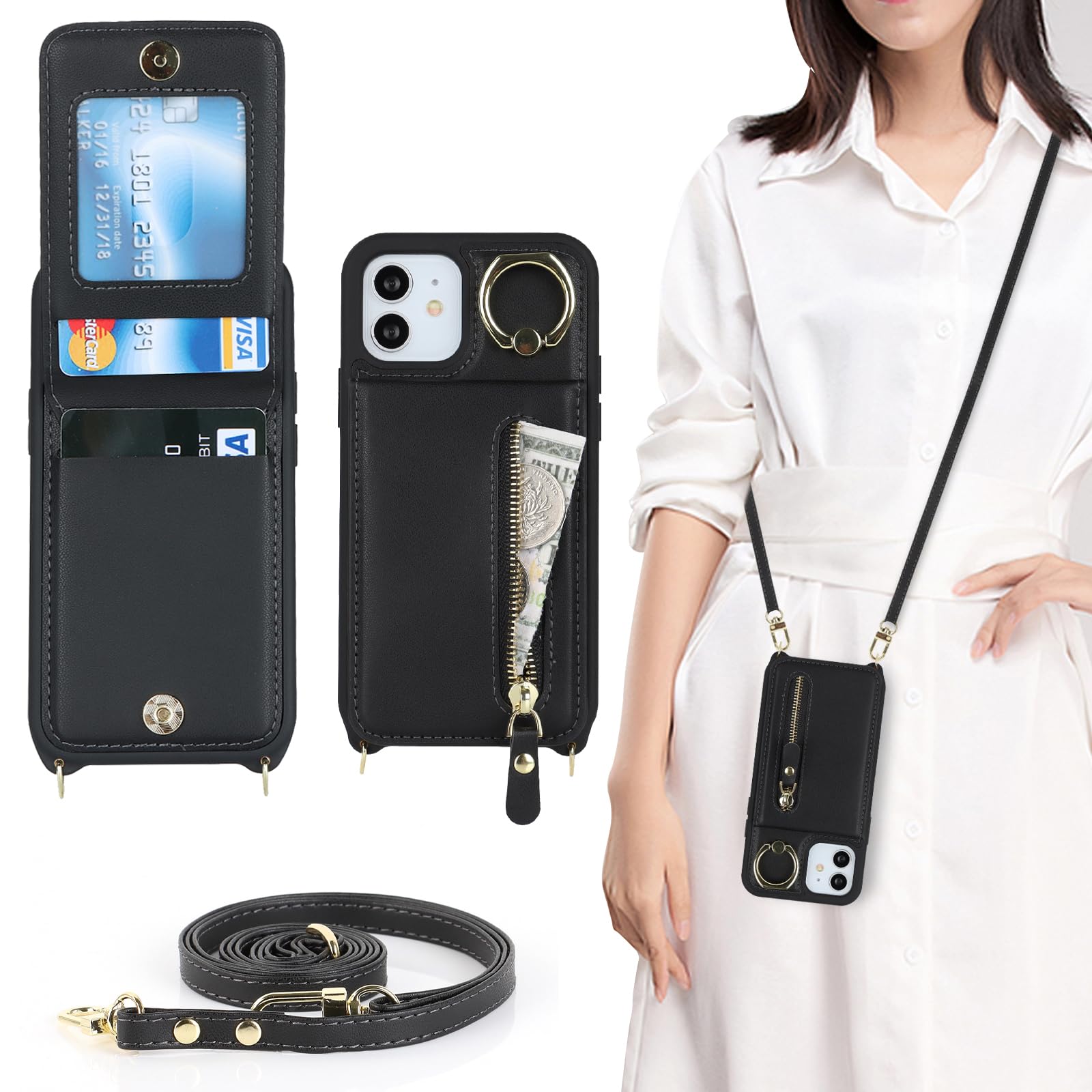 iCoverCase スマホケース 適用 アイフォン12mini ケース アイフォン 用 ショルダー ストラップ 背面フリップ 手帳型 上下開 アップル 12ミニ 適用 case リング カード収納 スタント 肩がけ 首掛け 斜め掛け ファスナー ストラップ付き ショルダーケース カード入れ カバー ブラック