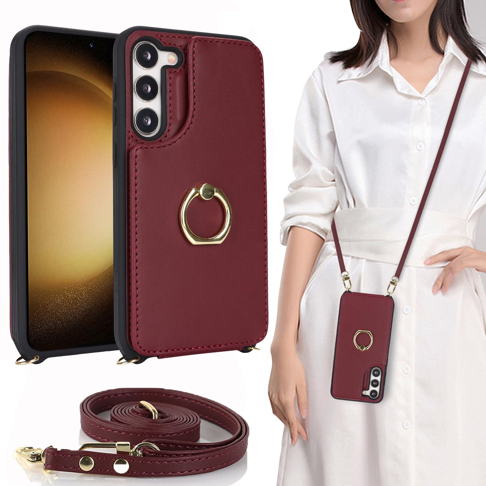 Galaxy S23 ケース ショルダー リング付き ストラップケース ショルダーケース ポシェット SC-51D docomo SCG19 au 楽天モバイル 対応 サムスンS23 galaxyケース SC51Dケース SCG19カバー エス23カバー サムスン ギャラクシーS23ケース 適用 case iCoverCase カードケース スタンド 斜め掛け 携帯カバー ワインレッド