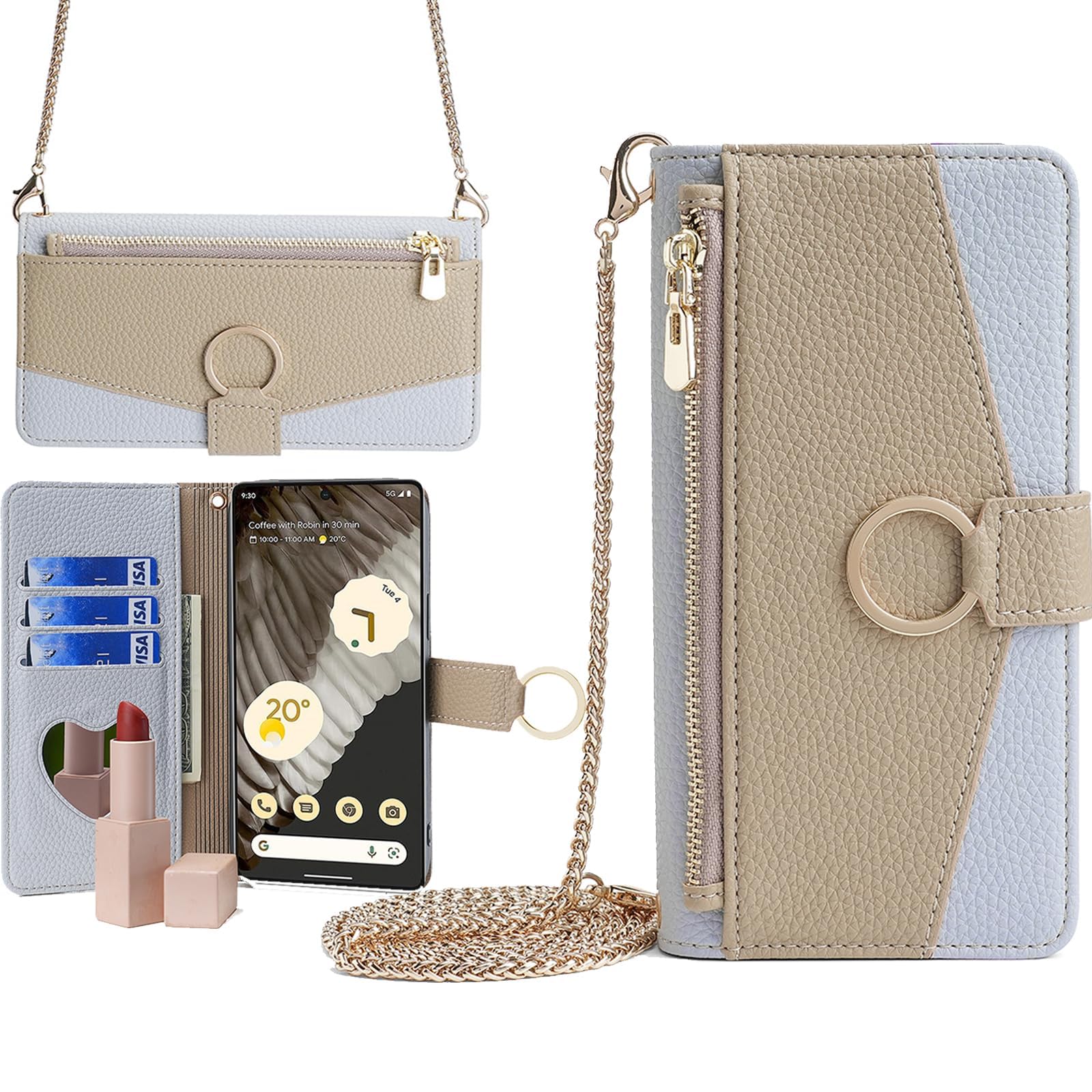 Galaxy A25 5G ケース Galaxy A25 5G SC-53F ケース Galaxy A25 5G SCG33 ケース【Trocent】Galaxy A25 5G カバー スマホケース 手帳型 カード収納 鏡付き 化粧鏡付き ショルダーケース ストラップ付き 肩掛け 斜めがけ 上質な手触り おしゃれ 耐衝撃 全面保護 バイカラー 2色組合せ(カーキ&スカイブルー)